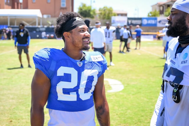 Rams running back Ronnie Rivers (20) after a joint practice with the Dallas Cowboys, Wednesday, Aug. 14, 2024, in Oxnard. (Photo by Michael Owen Baker, contributing photographer)