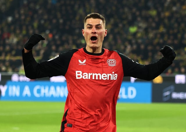 Soccer Football - Bundesliga - Borussia Dortmund v Bayer Leverkusen - Signal Iduna Park, Dortmund, Germany - January 10, 2025 Bayer Leverkusen's Patrik Schick celebrates scoring their second goal REUTERS/Leon Kuegeler/File Photo