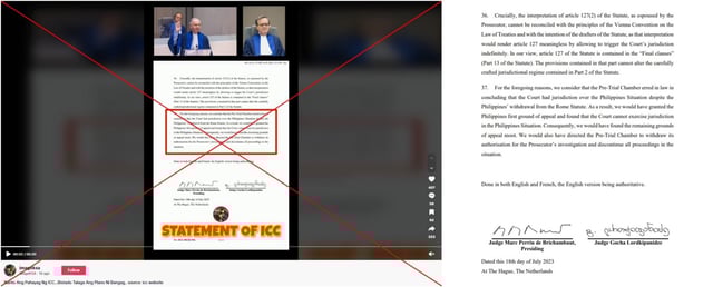 Screenshot comparison of the false post (L) and the document from the ICC website