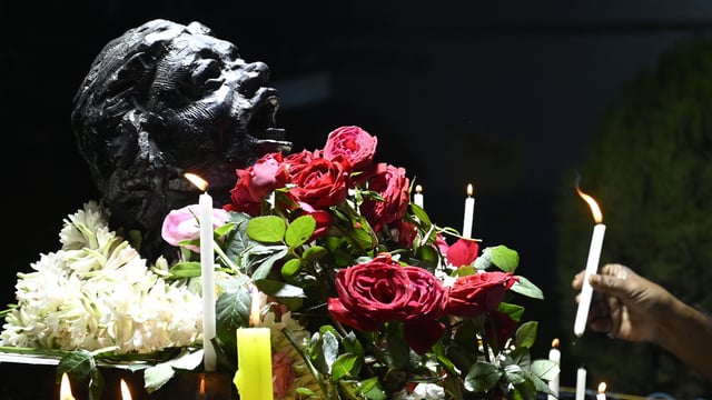 Junior doctors and social activists tribute to the sculpture, titled 'Cry of the Hour' in memory of Abhaya, the slain trainee doctor at RG Kar Medical College & Hospital on her birthday in Kolkata, India, on Sunday, February 9, 2025.