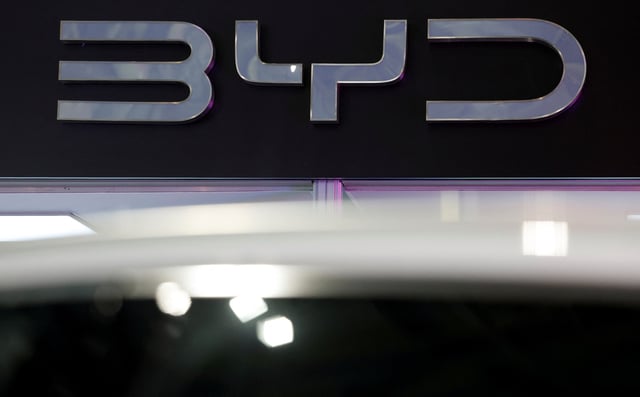 The logo of BYD on display at the Everything Electric exhibition at the ExCeL London international exhibition and convention centre in London, Britain, March 28, 2024.  REUTERS/Peter Cziborra/File photo