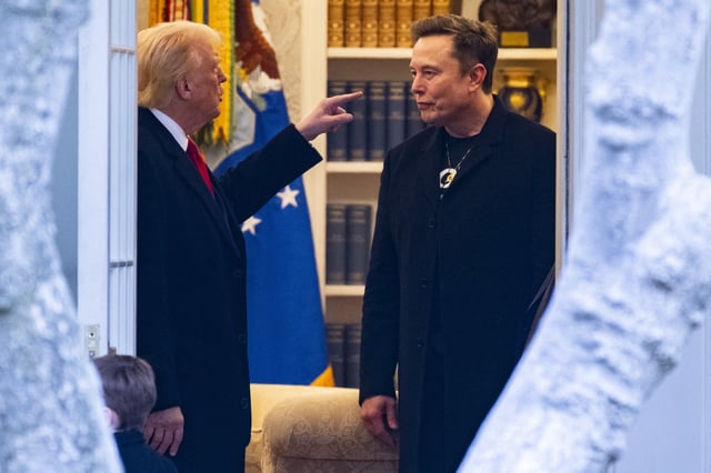 US President Donald Trump and Elon Musk (R) speak before departing the White House on his way to his South Florida home in Mar-a-Lago in Florida on March 14, 2025.