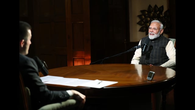 Prime Minister Narendra Modi speaks during a podcast with Lex Fridman in New Delhi on Sunday. (ANI Photo) (DPR PMO/via ANI)