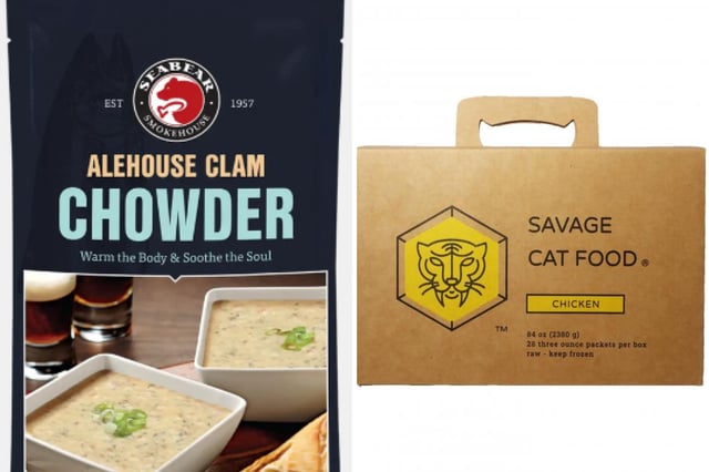 SeaBear Company&#39;s Alehouse Clam Chowder (L) and Savage Pet&#39;s Savage Cat Food - Chicken (R).