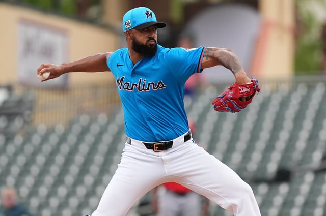 JUPITER, FLORIDA - MARCH 10: Sandy Alcantara #22 of the Miami Marlins in the spring training game against the Washington Nationals at Roger Dean Stadium on March 10, 2025 in Jupiter, Florida.