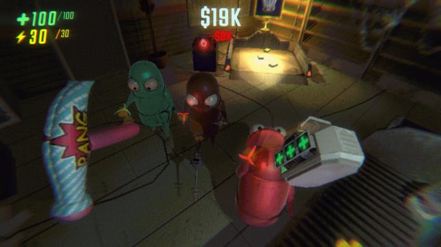 Robot-like characters in a game of REPO with large, oversized props and weapons, including an inflatable hammer.
