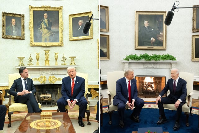 A side-by-side comparison of the Oval Office under Donald Trump and Joe Biden shows a stark contrast in decor. Trump&#39;s office features gold accents, ornate decorations, and elaborate frames, while Biden&#39;s has a simpler, more traditional look with muted tones and a minimalist mantel.