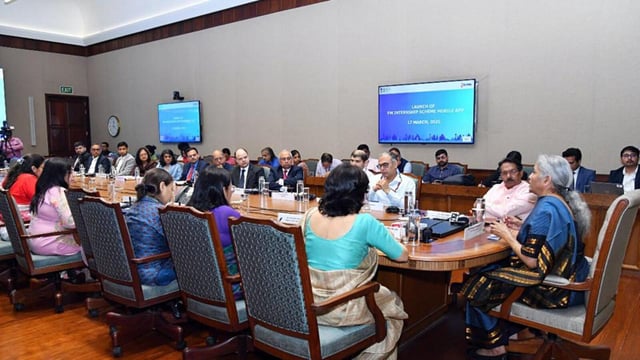 Union finance minister Nirmala Sitharaman speaking at the launch of 'Prime Minister Internship App', in New Delhi on Monday. (Nirmala Sitharaman Office - X)