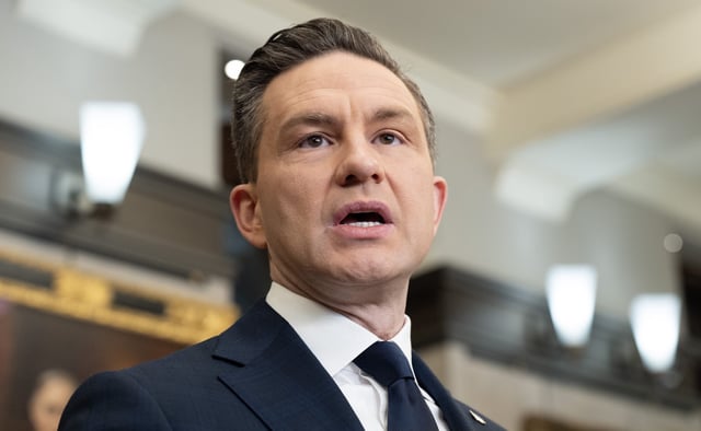 Conservative leader Pierre Poilievre speaks with media in the Foyer of the House of Canada, Monday, Mar 10, 2025 in Ottawa.  THE CANADIAN PRESS/Adrian Wyld