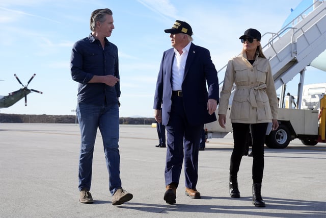 FILE - California Gov. Gavin Newsom, left, welcomes President Donald Trump and first lady Melania Trump upon their arrival on Air Force One at Los Angeles International Airport in Los Angeles, Jan. 24, 2025. (AP Photo/Mark Schiefelbein, File)