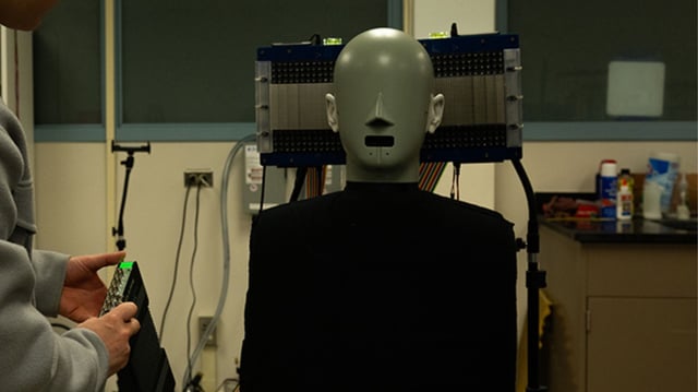 Jia-Xin "Jay" Zhong, a postdoctoral scholar of acoustics at Penn State, used a dummy with microphones in its ears to measure the presence or absence of sound along an ultrasonic trajectory.