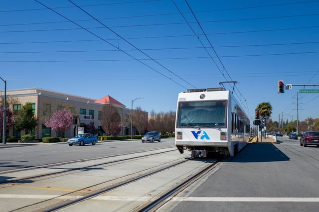 The Valley Transit Authority light rail train passes through San Jose in March 2019.