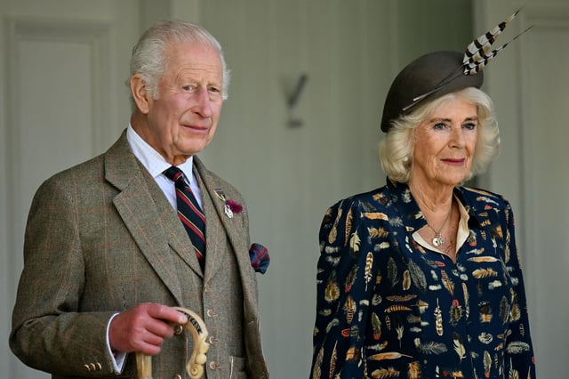 King Charles and Queen Camilla attend the Braemar Gathering in Scotland on September 7, 2024.