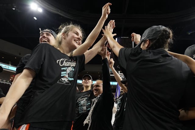 March 11, 2025; Las Vegas, NV, USA; Oregon State Beavers celebrate after defeating the Portland Pilots after the game in the final of the West Coast Conference tournament at Orleans Arena. Mandatory Credit: Kyle Terada-Imagn Images/File Photo
