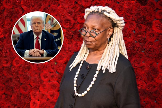 Whoopi Goldberg attends the grand opening gala at Tyler Perry Studios on October 5, 2019 in Atlanta, Georgia. In the inset image, U.S. President Donald Trump talks to reporters after signing an executive order to appoint the deputy administrator of the Federal Aviation Administration in the Oval Office at the White House on January 30, 2025 in Washington, D.C.