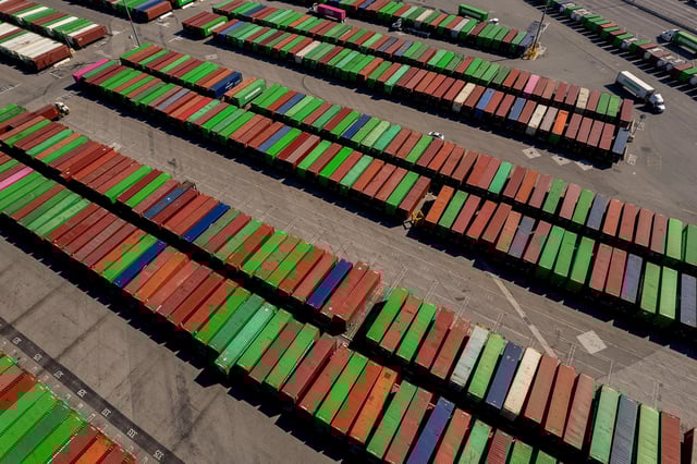 Shipping containers at Evergreen Shipping's Everport Terminal Services (ETS) terminal at the Port of Los Angeles in Los Angeles, California, on Thursday, February 20, 2025.