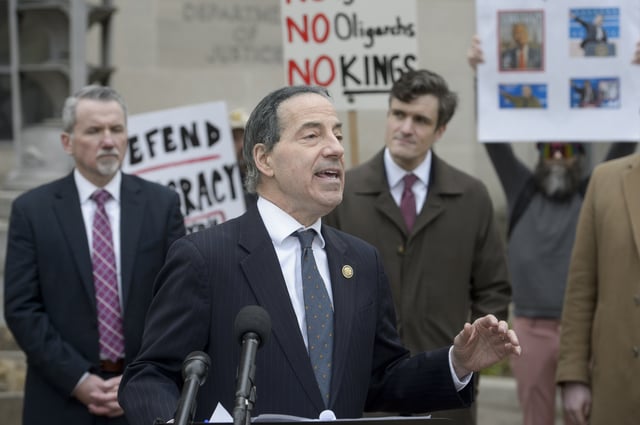 House Committee on the Judiciary Ranking Member Rep. Jamie Raskin, D-Md., speaks during a news conference at the Department of Justice, Friday, March 14, 2025, in Washington. (AP Photo/Rod Lamkey, Jr.)
