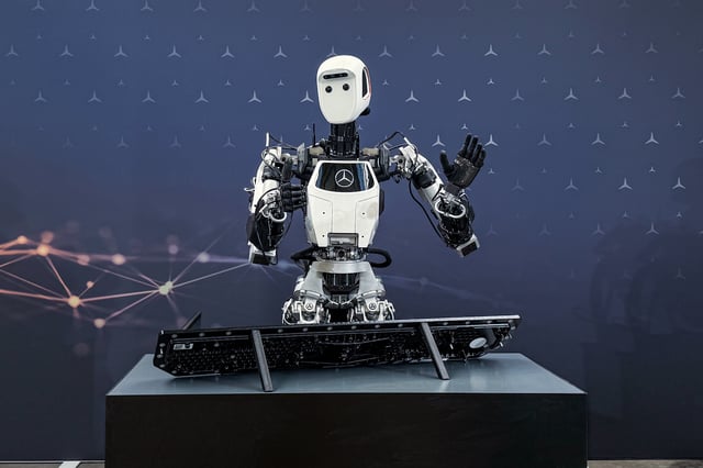 The Apptronik Apollo robot demonstrates work at the Mercedes-Benz manufacturing facility in Berlin.