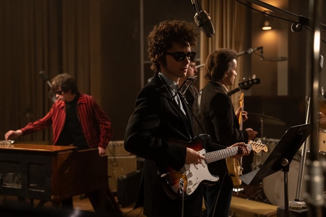 Timothée Chalamet as Bob Dylan in A Complete Unknown. The film will be available to stream on Hulu from March 27, 2025.