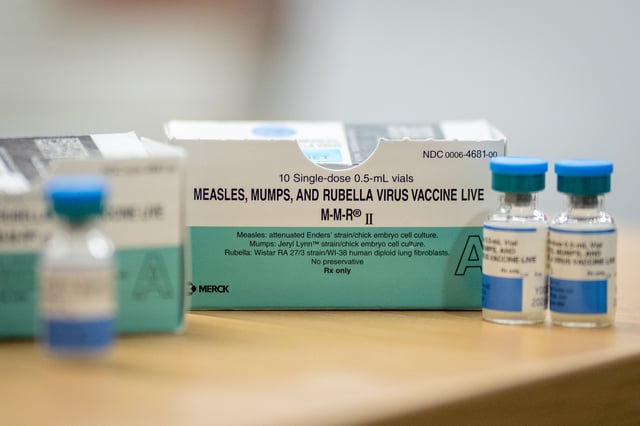 LUBBOCK, TEXAS – MARCH 01: Boxes and vials of the Measles, Mumps, Rubella Virus Vaccine at a vaccine clinic put on by Lubbock Public Health Department on March 1, 2025 in Lubbock, Texas. Cases of Measles are on the rise in West Texas as over 150 confirmed case have been seen with one confirmed death.(Photo by Jan Sonnenmair/Getty Images)