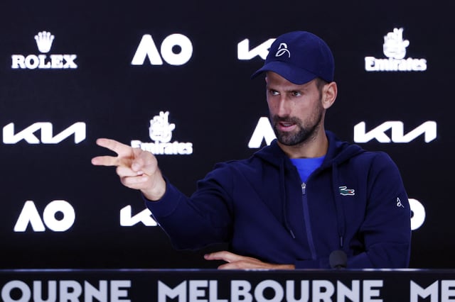 Tennis - Australian Open - Melbourne Park, Melbourne, Australia - January 24, 2025 Serbia's Novak Djokovic gestures during a press conference after retiring from his semi final match against Germany's Alexander Zverev REUTERS/Kim Kyung-Hoon/File Photo