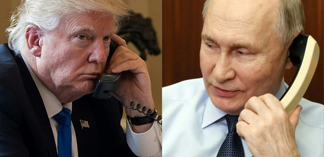 Montage réalisé le 18 mars 2025 avec les photos de Donald Trump (à gauche) au téléphone le 28 janvier 2017 à Washington et de Vladimir Poutine (à droite) le 27 décembre 2023 à Moscou