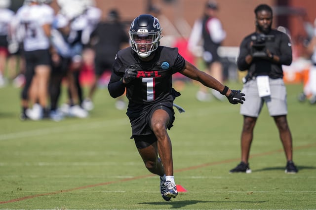 Jul 28, 2023; Flowery Branch, GA, USA; Atlanta Falcons cornerback Jeff Okudah (1)  runs during a drill during training camp at IBM Performance Field. Mandatory Credit: Dale Zanine-USA TODAY Sports/File Photo