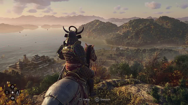 Yasuke sitting atop a horse on the edge of a cliff in Assasin&#39;s Creed Shadows.