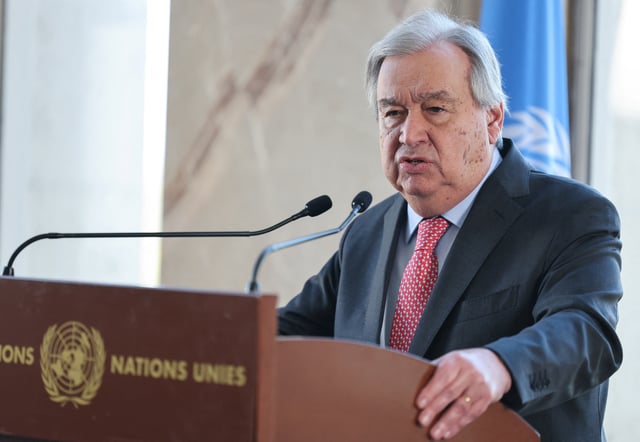 UN Secretary-General Antonio Guterres attends a press conference on the day of a meeting to discuss future of stalled peace talks over the divided island of Cyprus at the United Nations in Geneva, Switzerland, March 18, 2025. REUTERS/Pierre Albouy/Pool