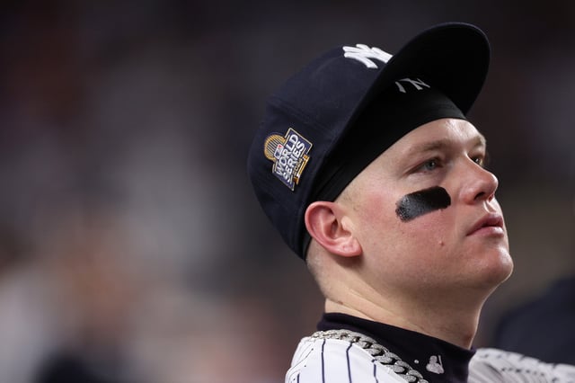 NEW YORK, NEW YORK - OCTOBER 30: Alex Verdugo #24 of the New York Yankees watches from the dugout during the first inning of Game Five of the 2024 World Series against the Los Angeles Dodgers at Yankee Stadium on October 30, 2024 in the Bronx borough of New York City.