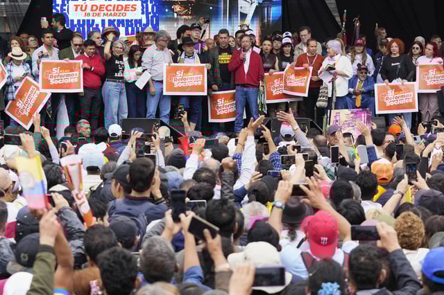 President Gustavo Petro addresses supporters during a rally he called to back his labor and health reform proposals, which have struggled to gain legislative approval, outside Congress in Bogotá, Colombia, Tuesday, March 18, 2025. (AP Photo/Fernando Vergara)