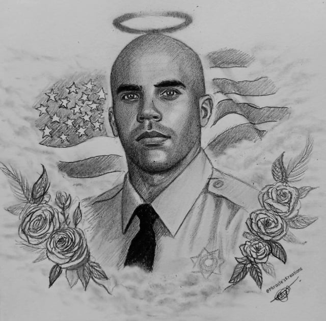 Miracle Wisdom Ogiadomeh, a resident of Nigeria who draws portraits of fallen law enforcement officers, sketched this image of San Bernardino County sheriff’s Deputy Hector Cuevas Jr., 36. The deputy died in a collision during a pursuit in Victorville on March 17, 2025. (Courtesy of Miracle Wisdom Ogiadomeh)