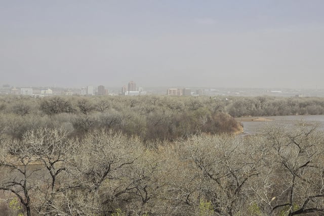 Dust fills the sky in Albuquerque, N.M., Tuesday, March 18, 2025. (AP Photo/Felicia Fonseca)