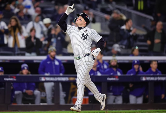NEW YORK, NEW YORK - OCTOBER 28: Alex Verdugo #24 of the New York Yankees rounds the bases after hitting a two-run home run in the ninth inning against the Los Angeles Dodgers during Game Three of the 2024 World Series at Yankee Stadium on October 28, 2024 in the Bronx borough of New York City.
