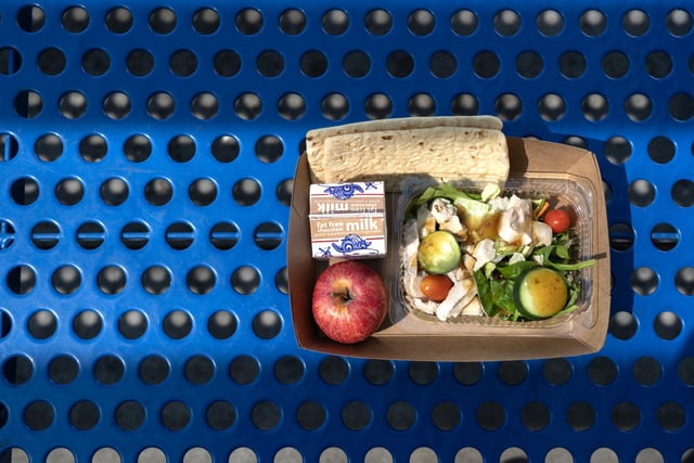 A chicken salad, flatbread and apple served at Bathgate Elementary School in Mission Viejo, Calif., in 2019.