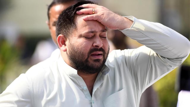 Leader of Opposition Tejashwi Yadav speaking with media persons during Budget Session outside of Bihar Assembly in Patna, Bihar, India, Monday,17, 2025.
