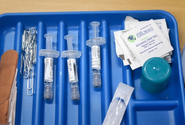MMR vaccine administer prep is pictured during a drive at the City of Lubbock Health Department in Lubbock, Texas, on February 27.