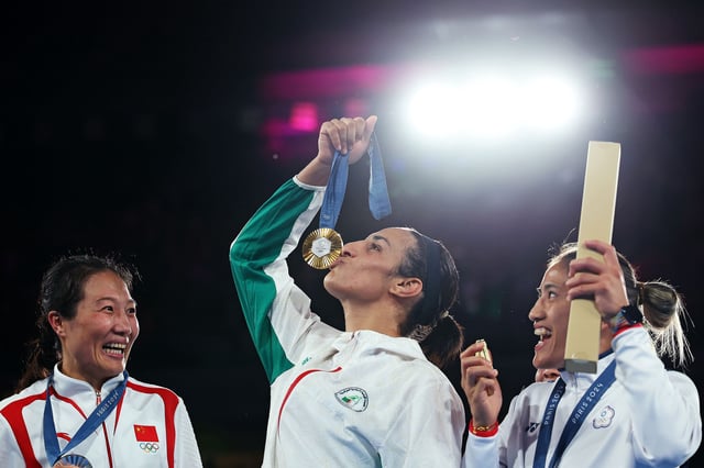 Khelif celebrates after winning Olympic gold in 2024.