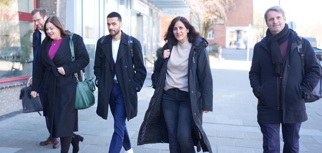 Verhandlungsteam der Grünen (v.l.): Senatoren Anjes Tjarks, Katharina Fegebank, Landesvorsitzende Leon Alam, Maryam Blumenthal und Dominik Lorenzen