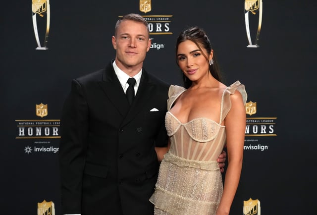 Christian McCaffrey and Olivia Culpo attend the 12th Annual NFL Honors at Symphony Hall on February 09, 2023 in Phoenix.