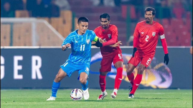 Suni Chhetri in action against Maldives on Wednesday. (Shibu Preman/AIFF)