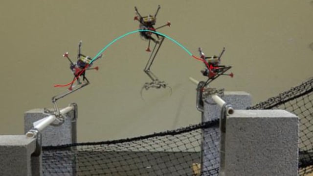 The robot Salto leaps from one narrow beam to another and balances on it.
