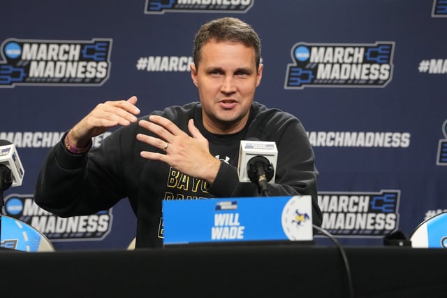 Mar 19, 2025; Providence, RI, USA; McNeese State Cowboys head coach Will Wade answers questions during the first round practice session press conference at Amica Mutual Pavilion. Mandatory Credit: Gregory Fisher-Imagn Images