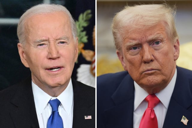 (Left) President Joe Biden speaks from the Oval Office of the White House as he gives his farewell address Wednesday, Jan. 15, 2025, in Washington. (Right) U.S. President Donald Trump during a bilateral meeting with Taoiseach Micheal Martin ahead of the White House St Patrick&#39;s Day reception in Washington D.C., as part of his week long visit to the U.S.