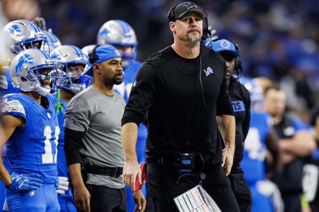 DETROIT, MICHIGAN - JANUARY 18: Head coach Dan Campbell of the Detroit Lions stands on the sidelines during the second half of the NFC Divisional Playoff game against the Washington Commanders, at Ford Field on January 18, 2025 in Detroit, Michigan.