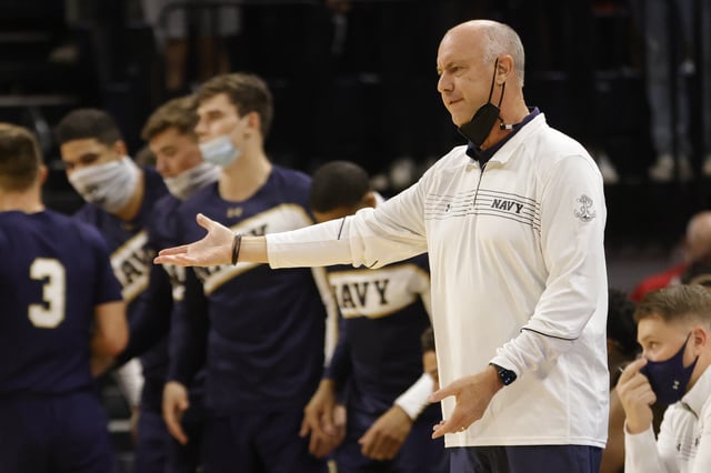 Nov 9, 2021; Charlottesville, Virginia, USA; Navy Midshipmen head coach Ed DeChellis gestures from the bench against the Virginia Cavaliers during the first half at John Paul Jones Arena. Mandatory Credit: Geoff Burke-USA TODAY Sports/File Photo