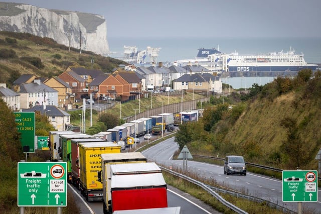 Lorries line up on the A20 at Dover to take ferries to Calais (Photo: Andrew Aitchison/In Pictures)