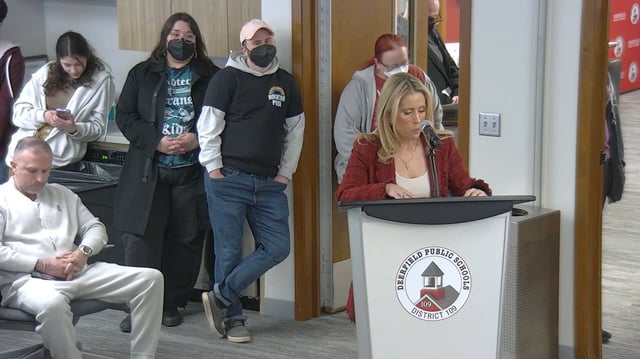 Nicole Georgas speaks during a Deerfield School District 109 board meeting, accusing school staff of forcing her daughter to change into gym clothes with a transgender student and demanding the school change its policies relating to locker rooms and bathrooms. Georgas also filed a complaint with the Department of Justice.