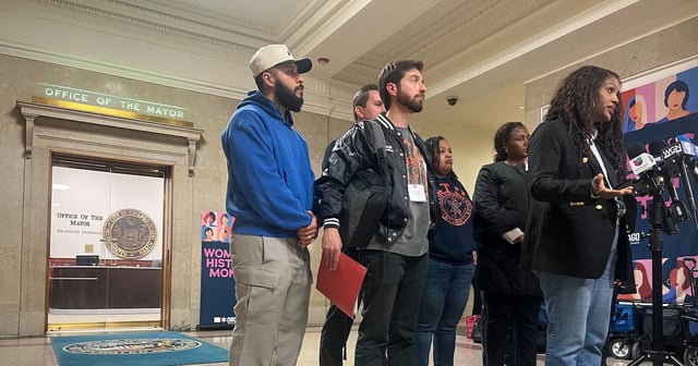 Chicago Teachers Union President Stacy Davis Gates and Vice President Jackson Potter answer questions outside the mayor's office on Wednesday, March 19, 2025.