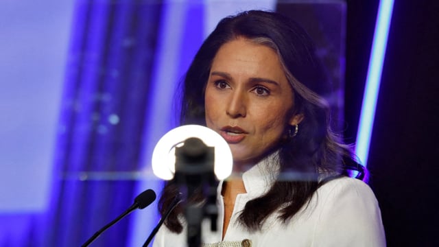 U.S. Director of National Intelligence Tulsi Gabbard addresses a gathering during Raisina Dialogue in New Delhi, India, March 18, 2025.